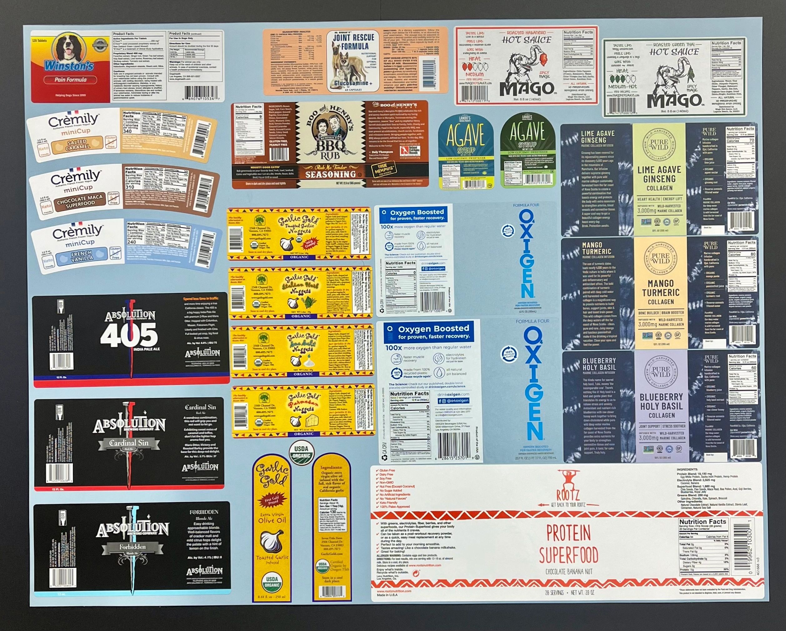 specialty food labels, premium water labels, supplement labels, hot sauce labels, craft beer labels