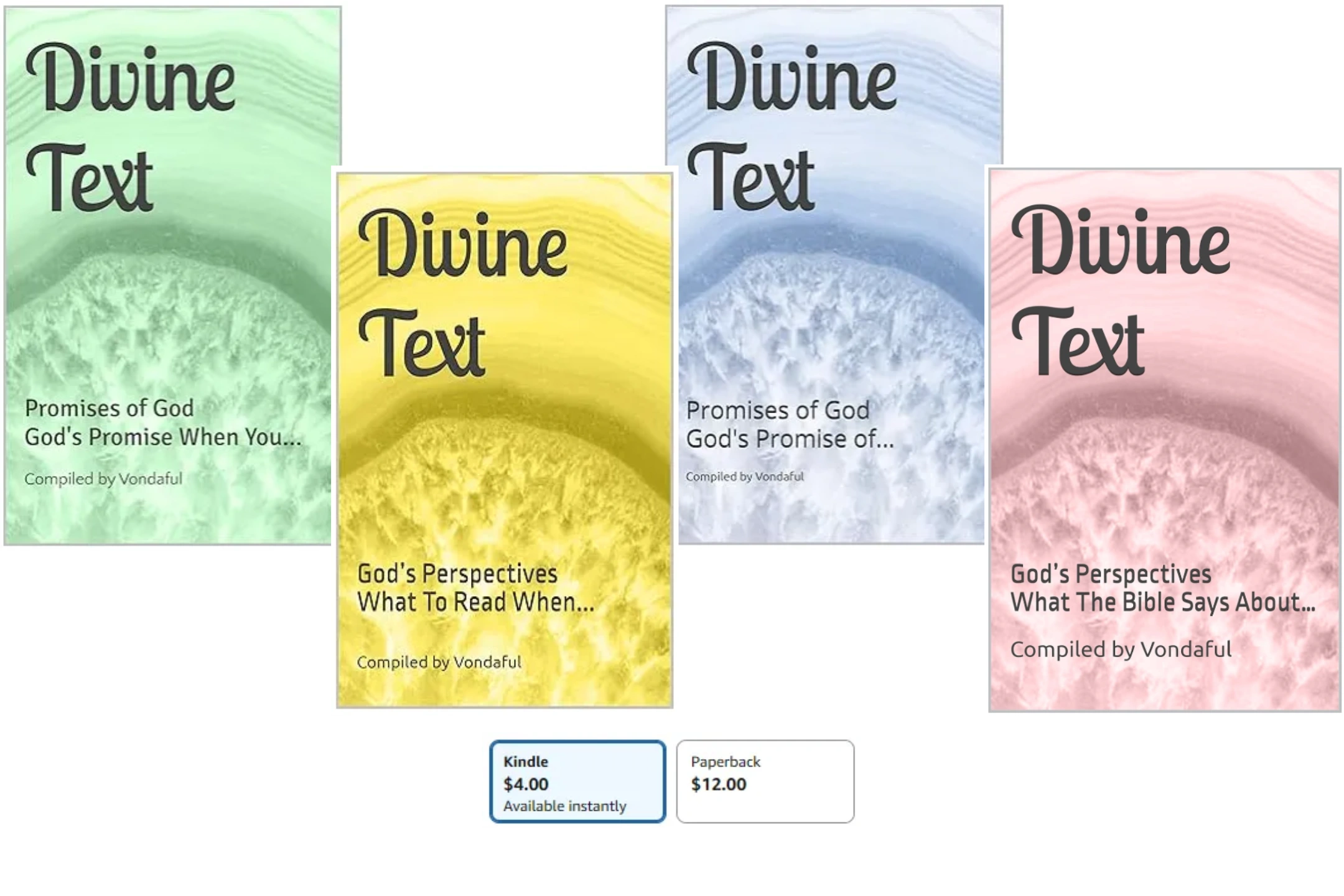 Two book covers of 'Divine Text' in green and blue with pricing details.