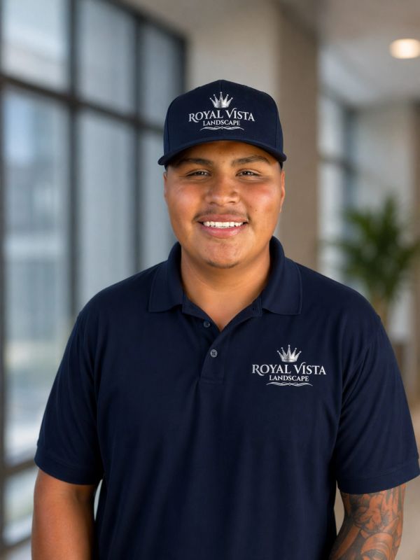Smiling man wearing Royal Vista Landscape uniform indoors.