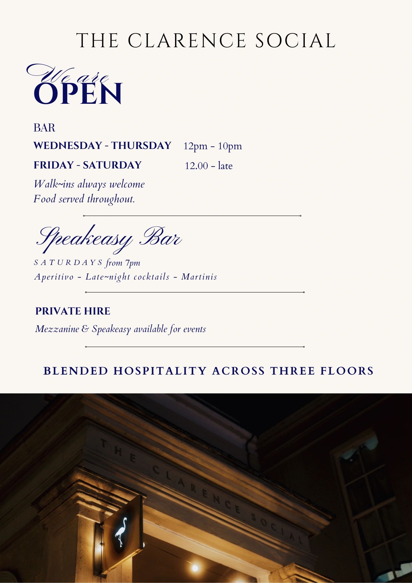 The Clarence Social is open with bar, speakeasy, and private hire options.