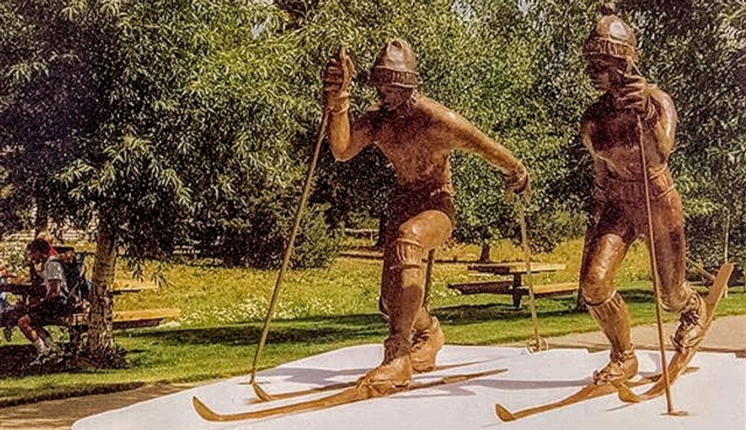 "Ski for Light - Art for Sight" Bronze Monument dedicated and placed in Frisco, Colorado for 'Father of Ski for Light' Olav Pedersen 1998. Bronze Sculpture created and cast by Artist William Barth Osmundsen. Commission of Frisco Art Council.
