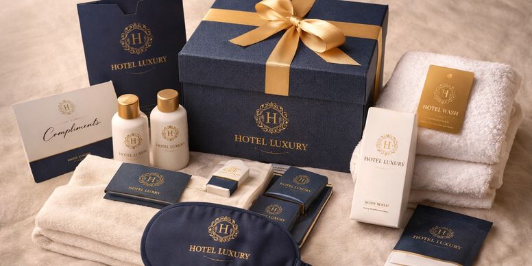 Luxury hotel amenities with elegant packaging and plush towels