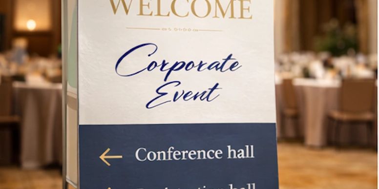 Sign welcoming guests to a corporate event with directions to conference and presentation halls