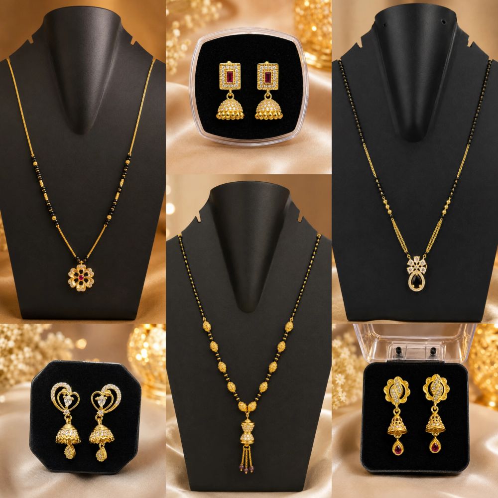 Elegant gold and black mangalsutra necklaces and anti tarnish dailywear earrings.