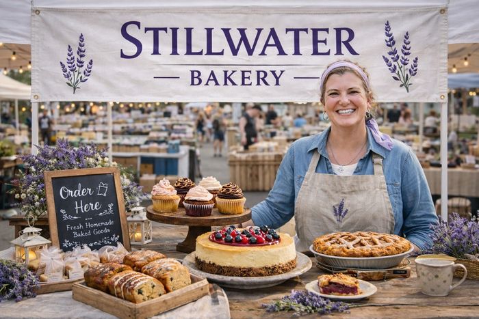 Smiling woman selling fresh homemade baked goods at Stillwater Bakery market stall.