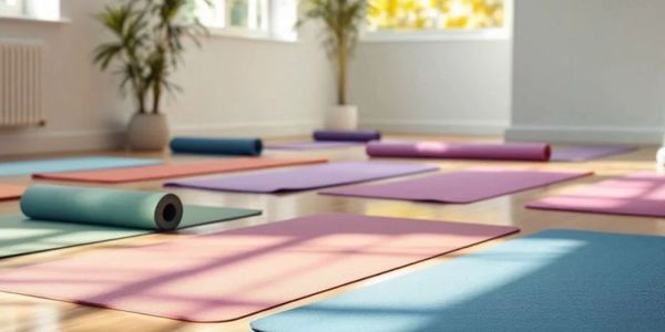 Yoga mats laid out on a sunlit floor in a tranquil room.