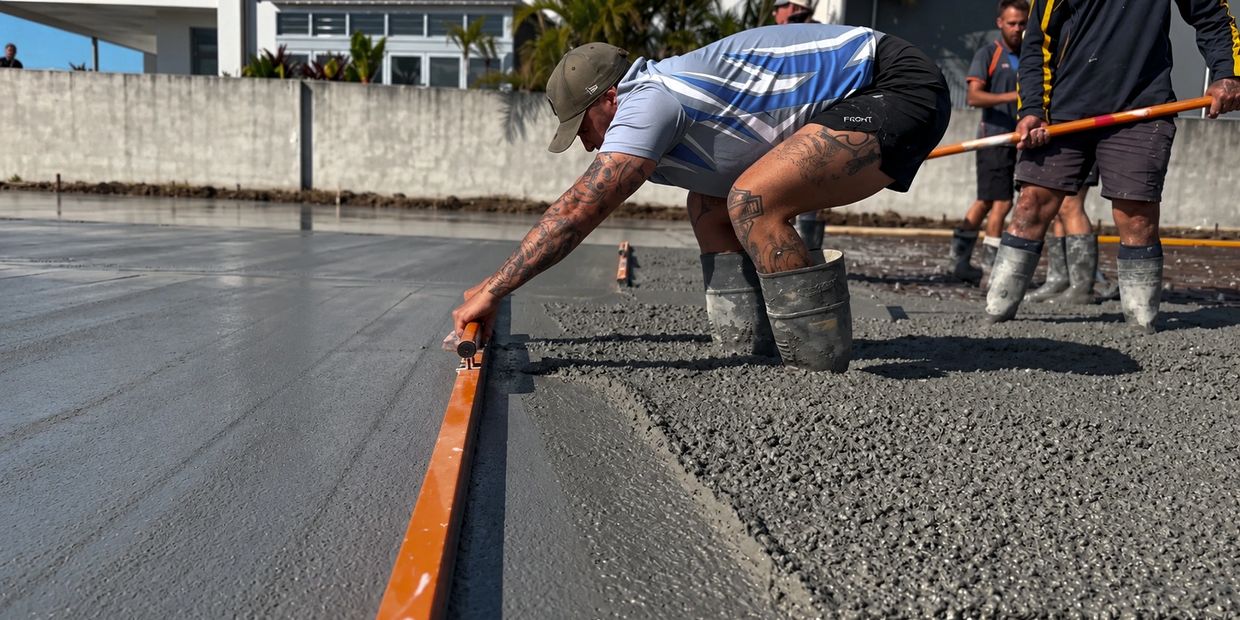 Worker smoothing wet concrete with a leveling tool.