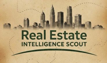 Vintage-style logo with city skyline and text 'Real Estate Intelligence Scout'.