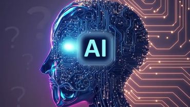 Digital human head with AI chip and circuit patterns glowing.