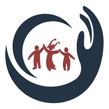 Stylized logo of a protective hand encircling a family of three.