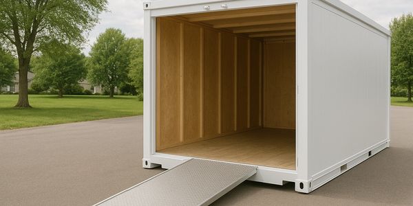 Empty white storage container with ramp outdoors on pavement.