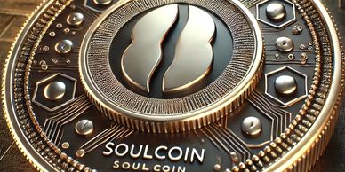 Close-up of a gold and black SoulCoin cryptocurrency coin.