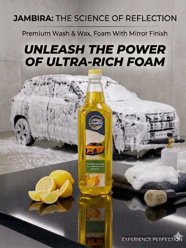 A soapy car wash with a bottle of car wax in the foreground.