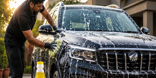Man washing a black SUV with soap and sponge outdoors.