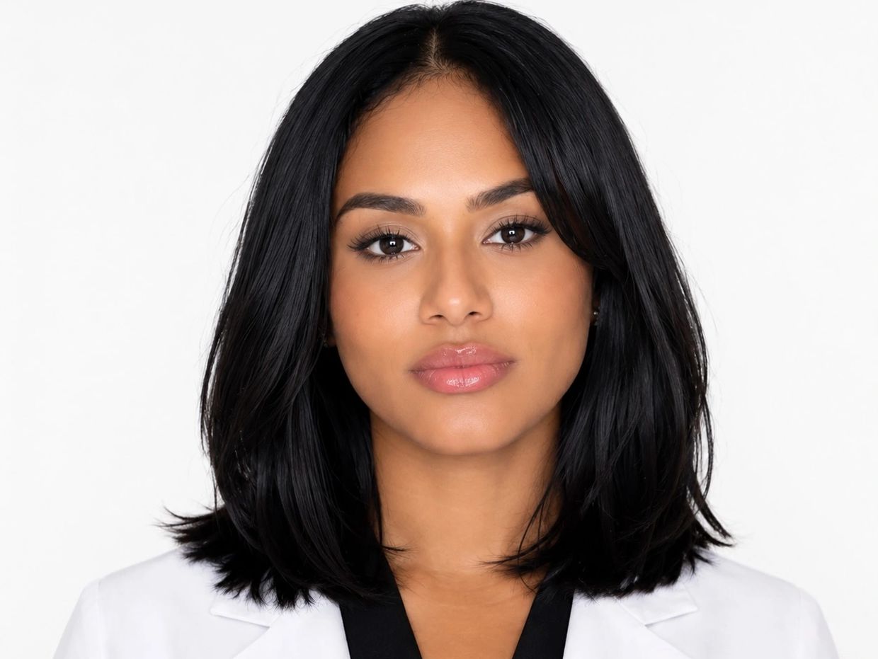 Confident woman with sleek black hair in a white blazer.