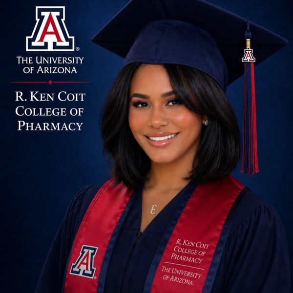 A smiling graduate in University of Arizona pharmacy attire.