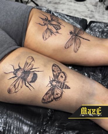 Black and grey insect tattoos on thighs including a bee, moth, and dragonfly.
