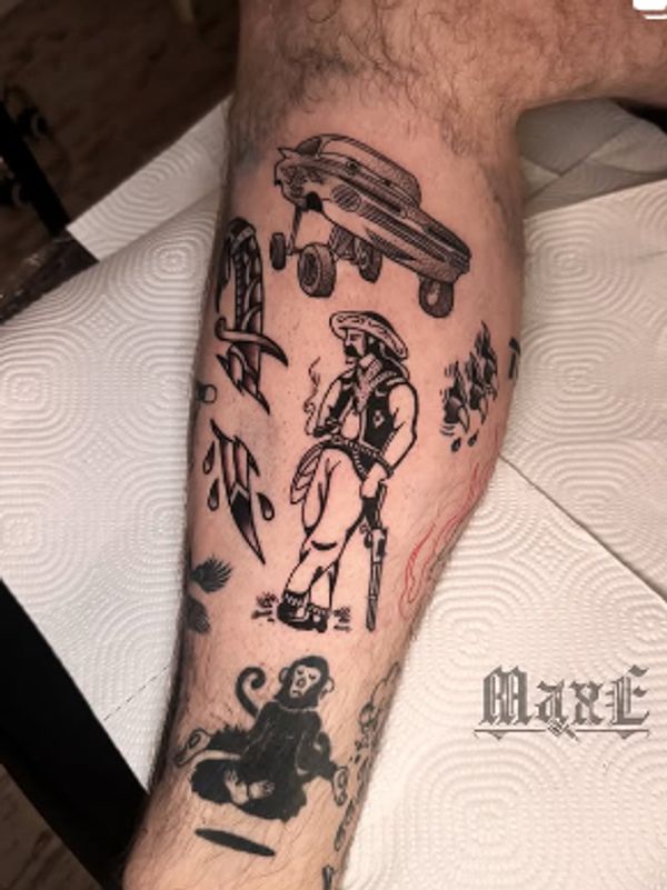 Various black ink tattoos including a car, a smoking cowboy, and a monkey on a person's leg.