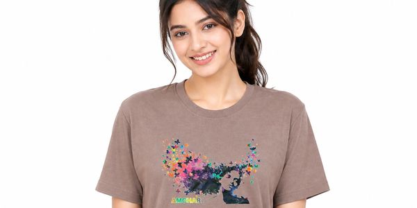 Young woman wearing a brown T-shirt with a colorful butterfly design.