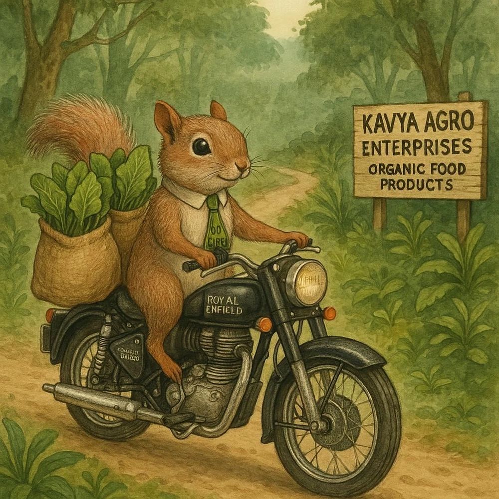 A squirrel rides a Royal Enfield motorcycle carrying sacks of leafy greens.