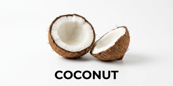 Two halves of a coconut with the word 'COCONUT' below.