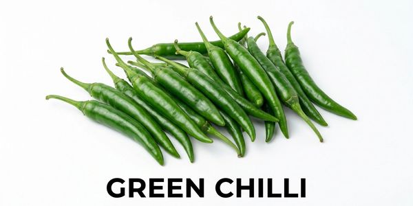 Fresh green chillies arranged on a white background.