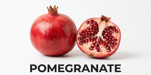 Whole and halved pomegranate fruit on white background.