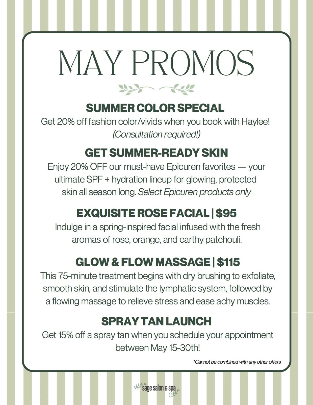 May promotions for beauty treatments at Sage Salon &amp; Spa.