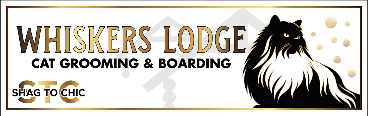 Whiskers Lodge cat grooming and boarding logo with a long-haired cat illustration.