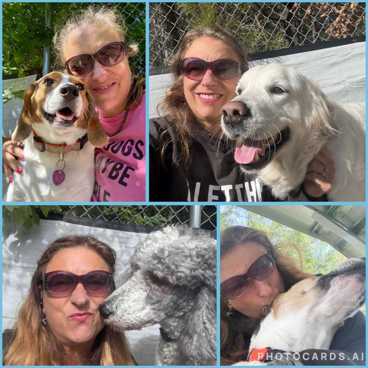 Woman poses happily with different dogs in sunny outdoor settings.