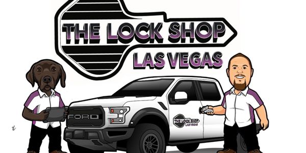 Cartoon of a locksmith service with a dog and man by a Ford truck, phone number included.