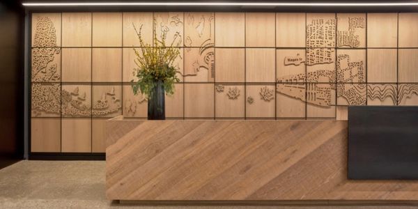 Office Reception Desk, CNC Wood pannel wall, Toronto