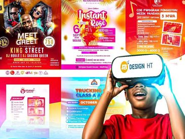 Jeune garçon utilisant un casque de réalité virtuelle devant des affiches colorées d'événements.