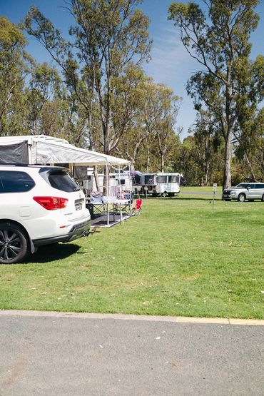 Spacious grassy powered caravan sites with shady trees at Bridgewater Caravan Park near Bendigo