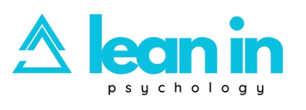 Logo of Lean In Psychology with a blue triangular icon and text.