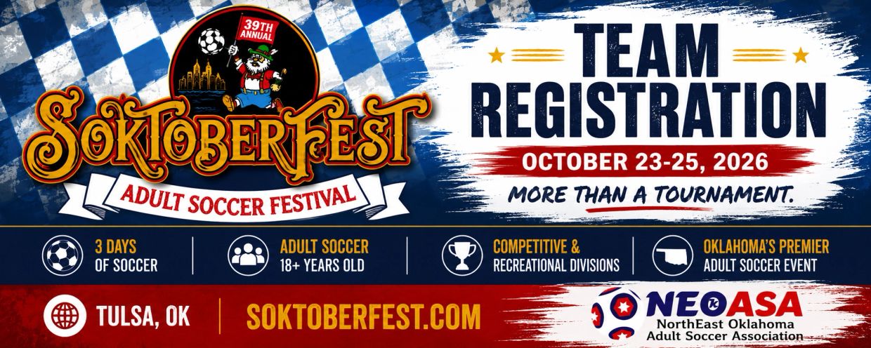 Soktoberfest Adult Soccer Festival team registration dates in Tulsa, OK.