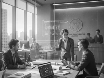 Business professionals discussing digital data in a modern office conference room.