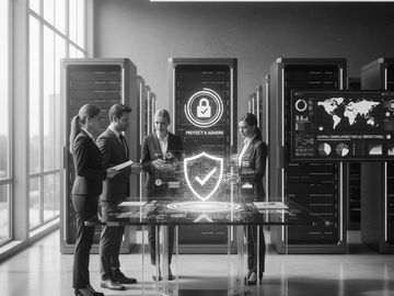 Business professionals discussing cybersecurity with digital shield hologram in modern server room.