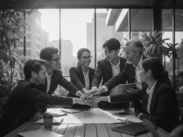 Business team united in a collaborative gesture around a table.