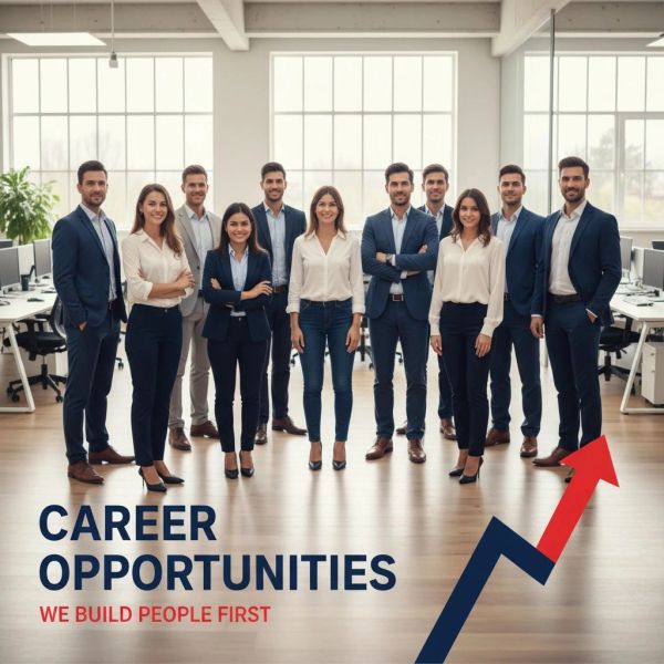 Professional team promoting career opportunities with growth arrow.