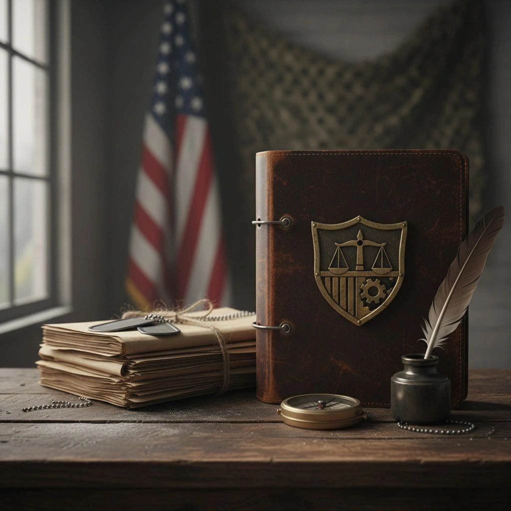 Vintage law and justice themed items with American flag in background.