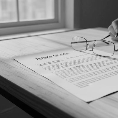 A terms of use document and eyeglasses on a wooden table near a window.