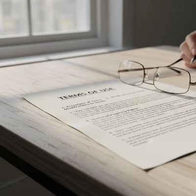 A terms of use document and eyeglasses on a wooden table near a window.
