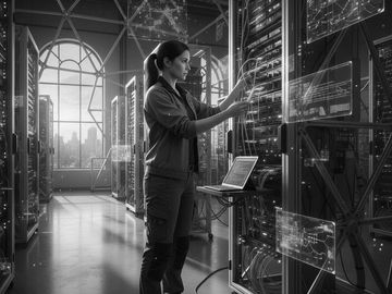 A woman manages data servers in a high-tech facility.