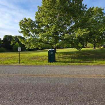 Portable toilet under a large green tree by the roadside.