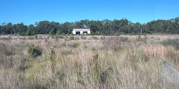 A field with dry grass and a small building in the distance under a clear blue sky.