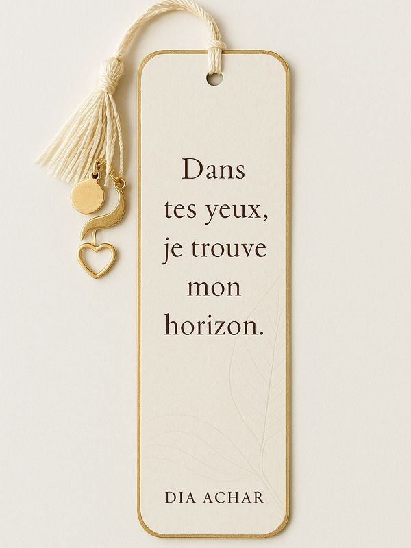 Bookmark with French quote and golden charms on cream background.