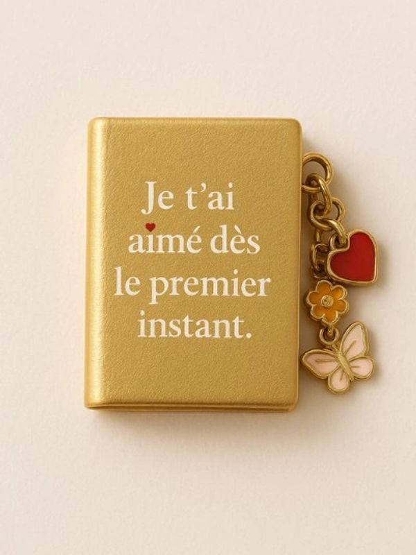 Gold book-shaped charm with French love quote and decorative charms.