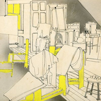 Art studio sketch with yellow highlights on furniture and window.