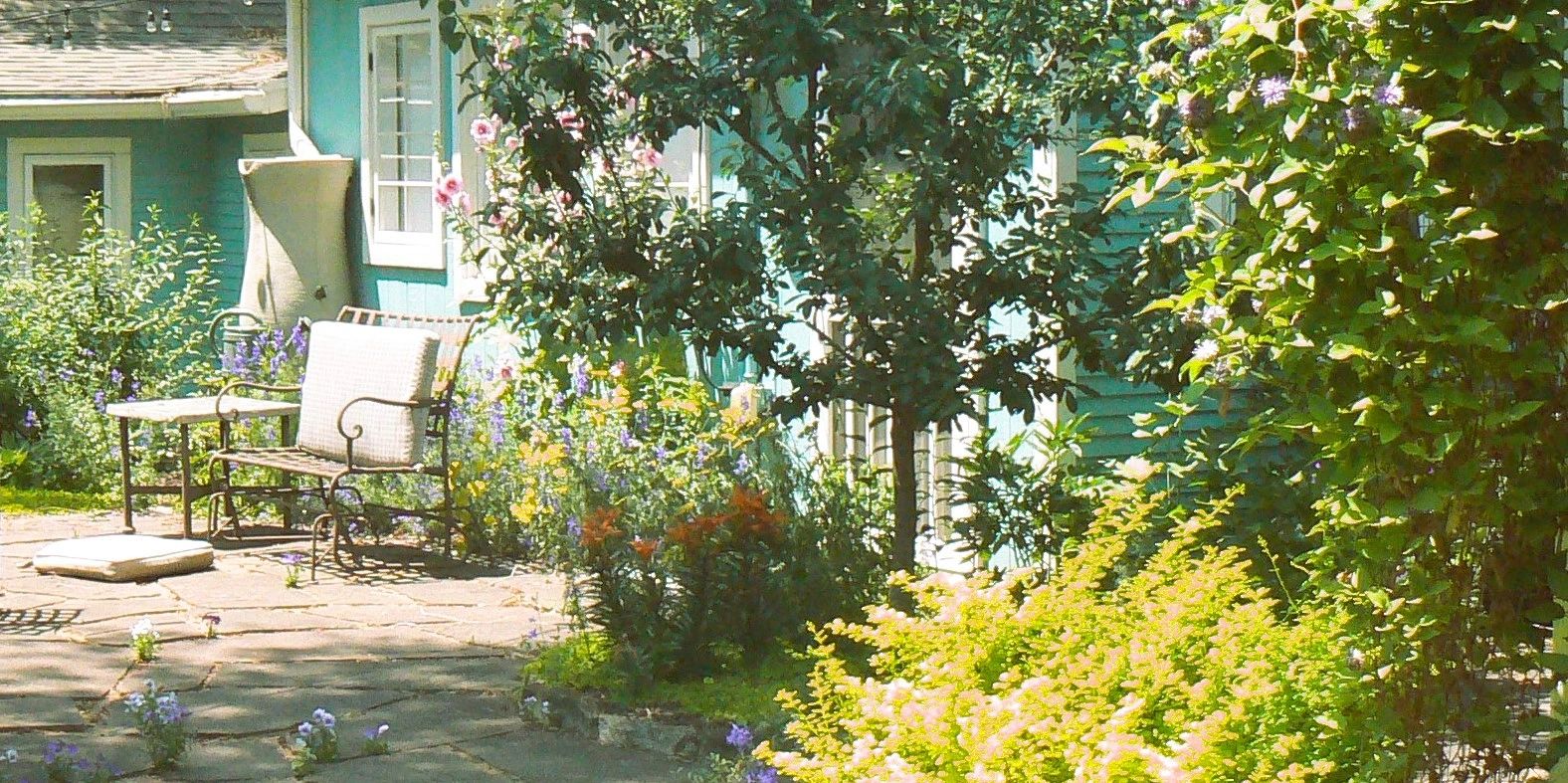 Sunlit garden patio with a bench and vibrant flowers along a blue house.